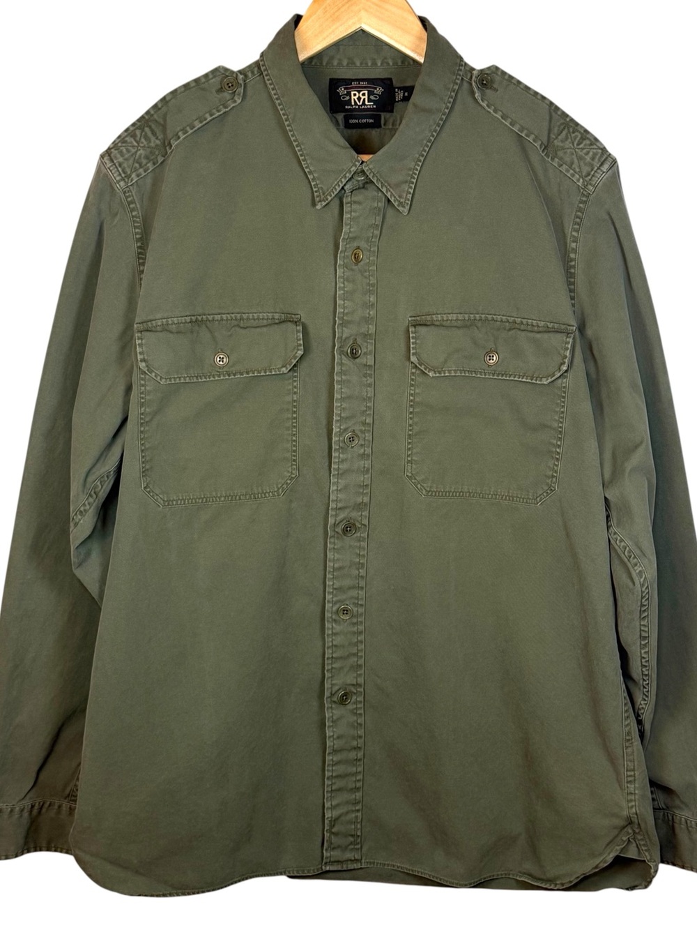 RRL Ralph Lauren Olive Military Utility Shirt Button Up Epaulets XL